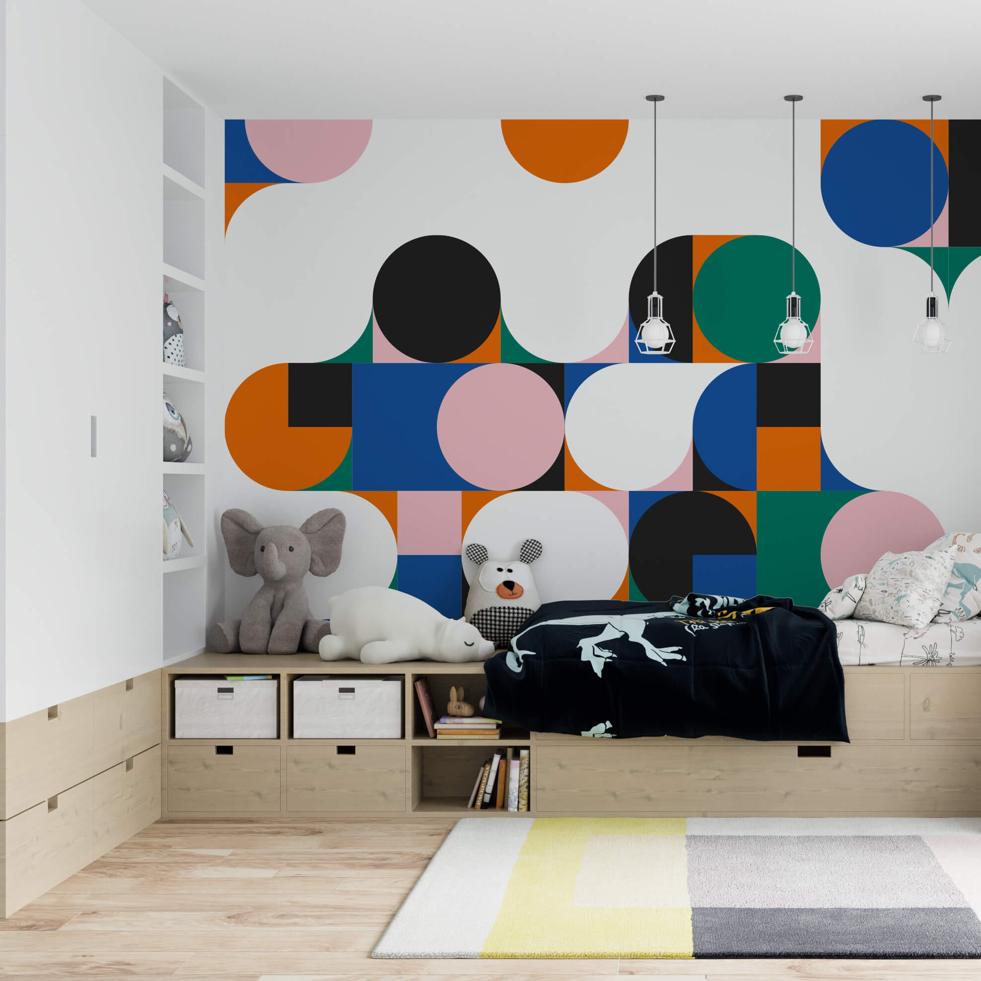 Wallpaper Kids Nursery Dubai Peps Wall A bedroom with geometric patterned wallpaper featuring a mix of solid colors and shapes such as circles and hexagons.