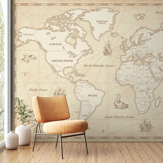Wallpaper Kids Nursery Dubai Peps Wall An educational piece of wallpaper featuring a vintage-style world map, displayed in a room with a chair and decorative items.