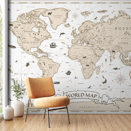Wallpaper Kids Nursery Dubai Peps Wall A large beige wallpaper featuring a detailed map of the world with decorative elements, covering a whole wall in a room.