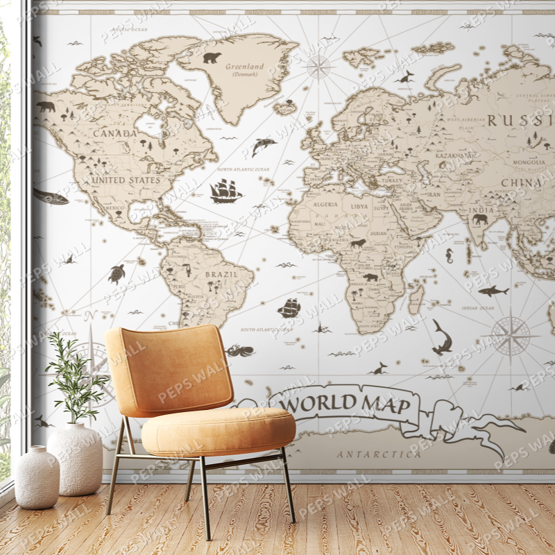 Wallpaper Kids Nursery Dubai Peps Wall A large beige wallpaper featuring a detailed map of the world with decorative elements, covering a whole wall in a room.
