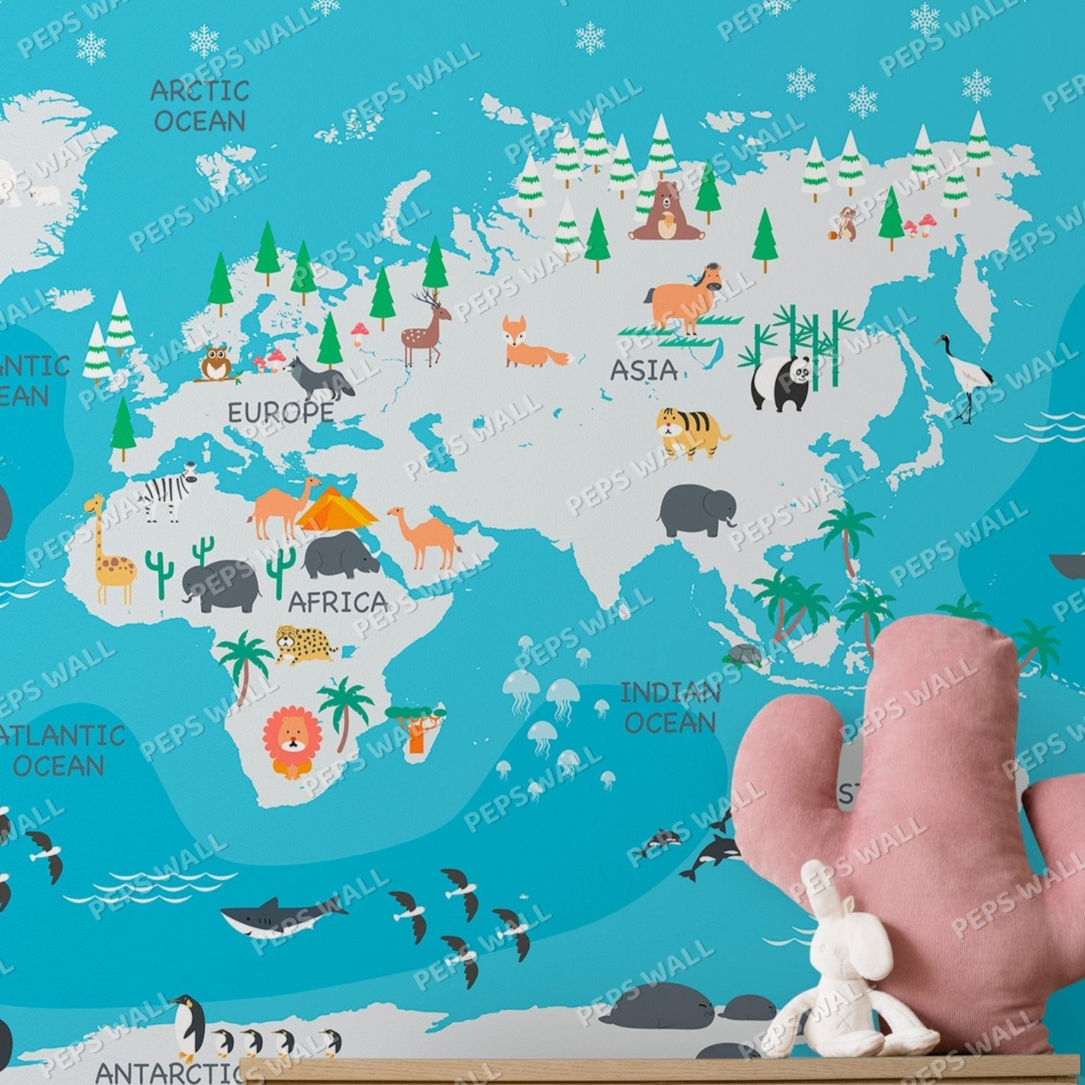 Wallpaper Kids Nursery Dubai Peps Wall A wall map of the world with illustrated animals and geographical features, displayed in a room setting with a toy rabbit in the foreground.