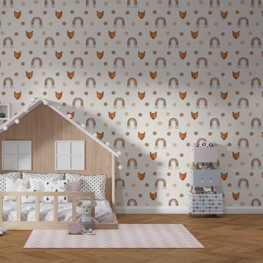 Wallpaper Kids Nursery Dubai Peps Wall A room with a wooden structure resembling a house, decorated with wallpaper featuring foxes, rainbows, and clouds. The room includes a bed with white and gray bedding, a nightstand, and a rug.