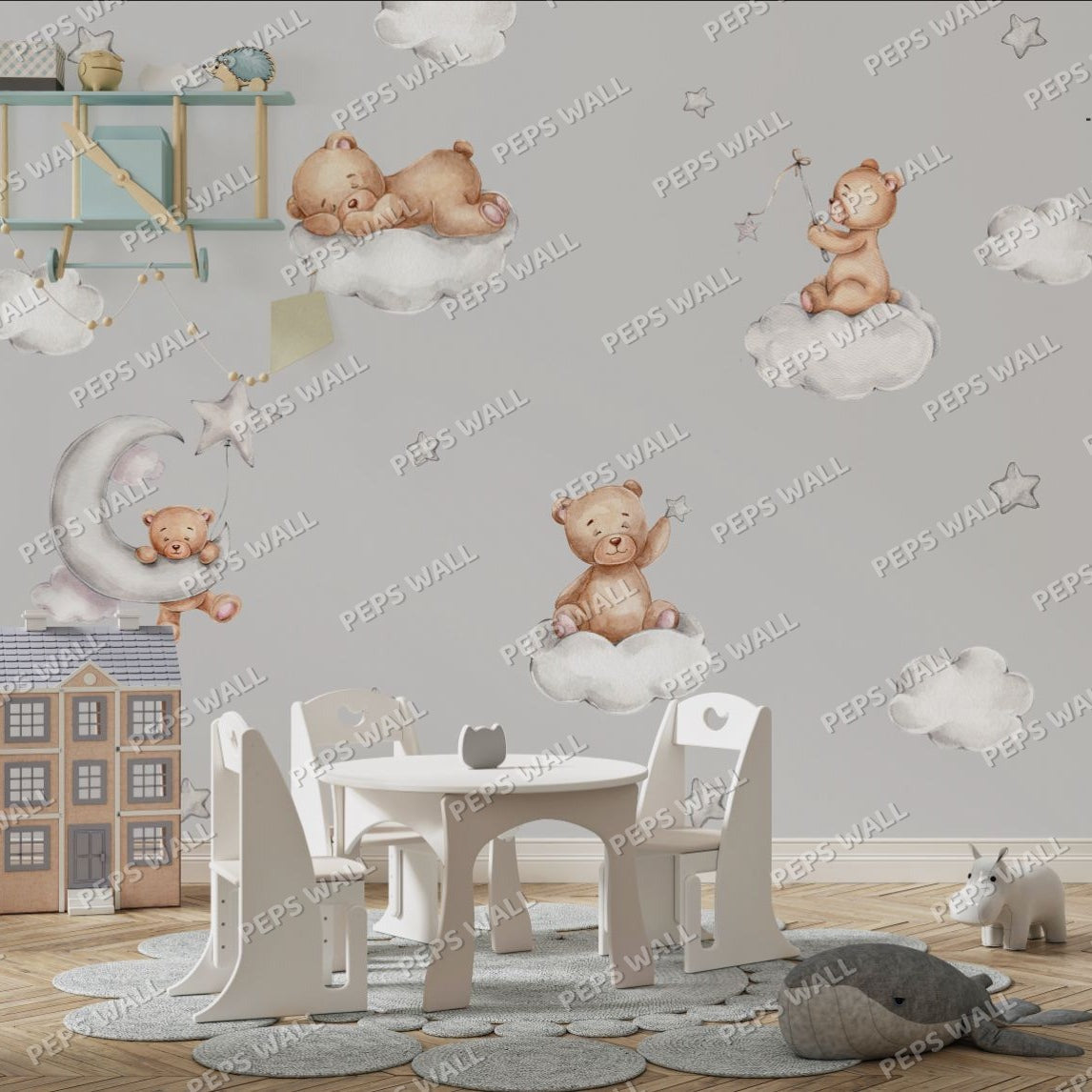 Wallpaper Kids Nursery Dubai Peps Wall Children's nursery room with wallpaper featuring cartoon teddy bears on a cloud-themed background, with a small wooden table and chairs in the foreground.
