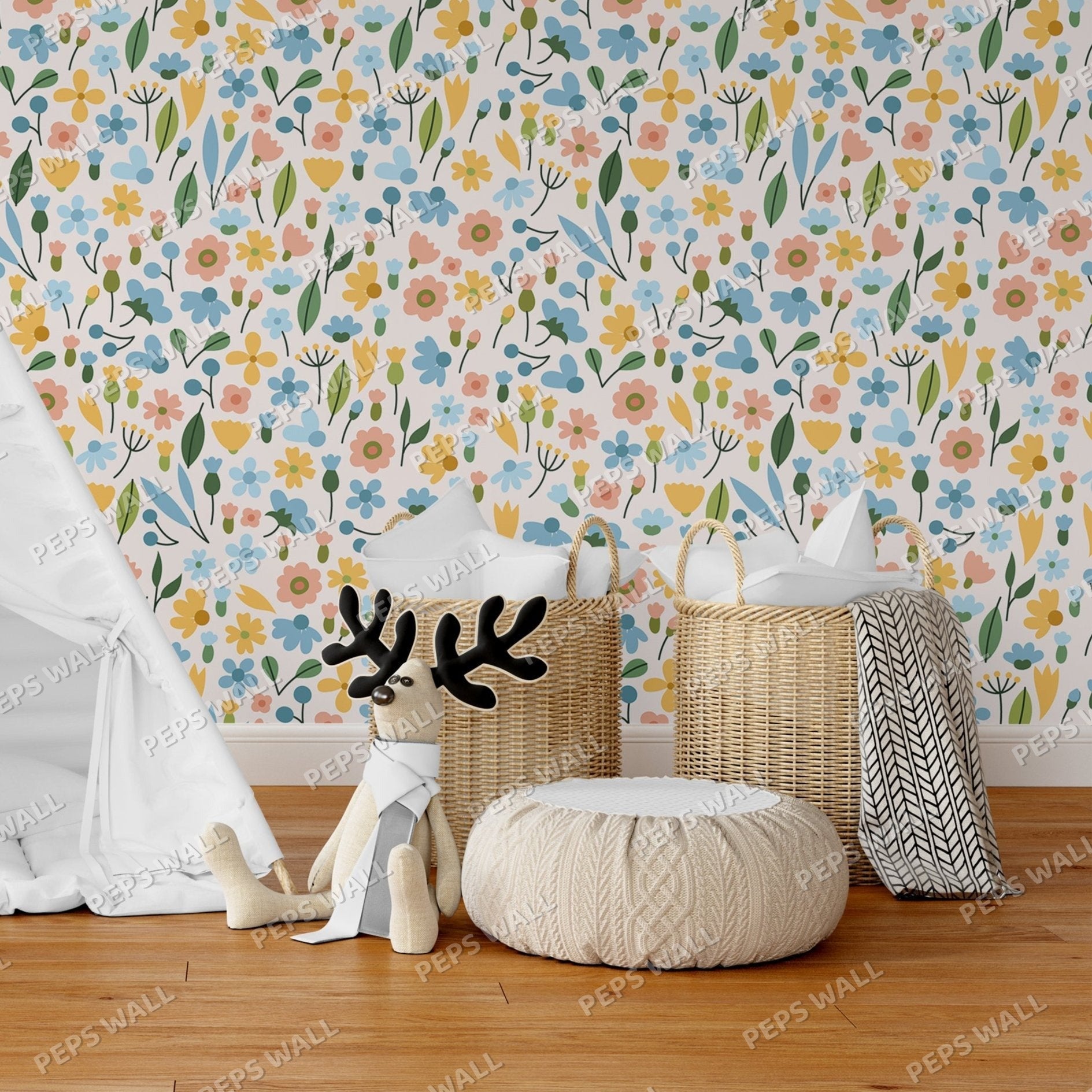 Wallpaper Kids Nursery Dubai Peps Wall A room with floral wallpaper featuring multicolored flowers and a small animal pattern. The room also includes a white tent, a plush toy, and a woven basket.