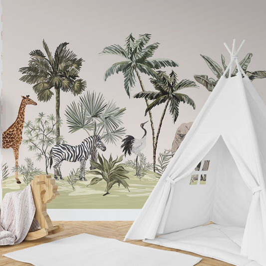 Wallpaper Kids Nursery Dubai Peps Wall A wallpaper featuring a safari-themed design with animals like giraffes and zebras, and a white teepee in the foreground.