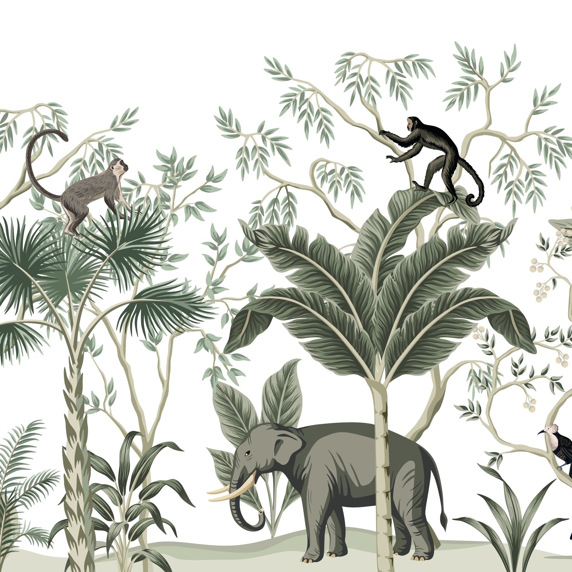 Wallpaper Kids Nursery Dubai Peps Wall A wallpaper featuring a forest and safari scene with illustrations of elephants and monkeys among lush greenery.