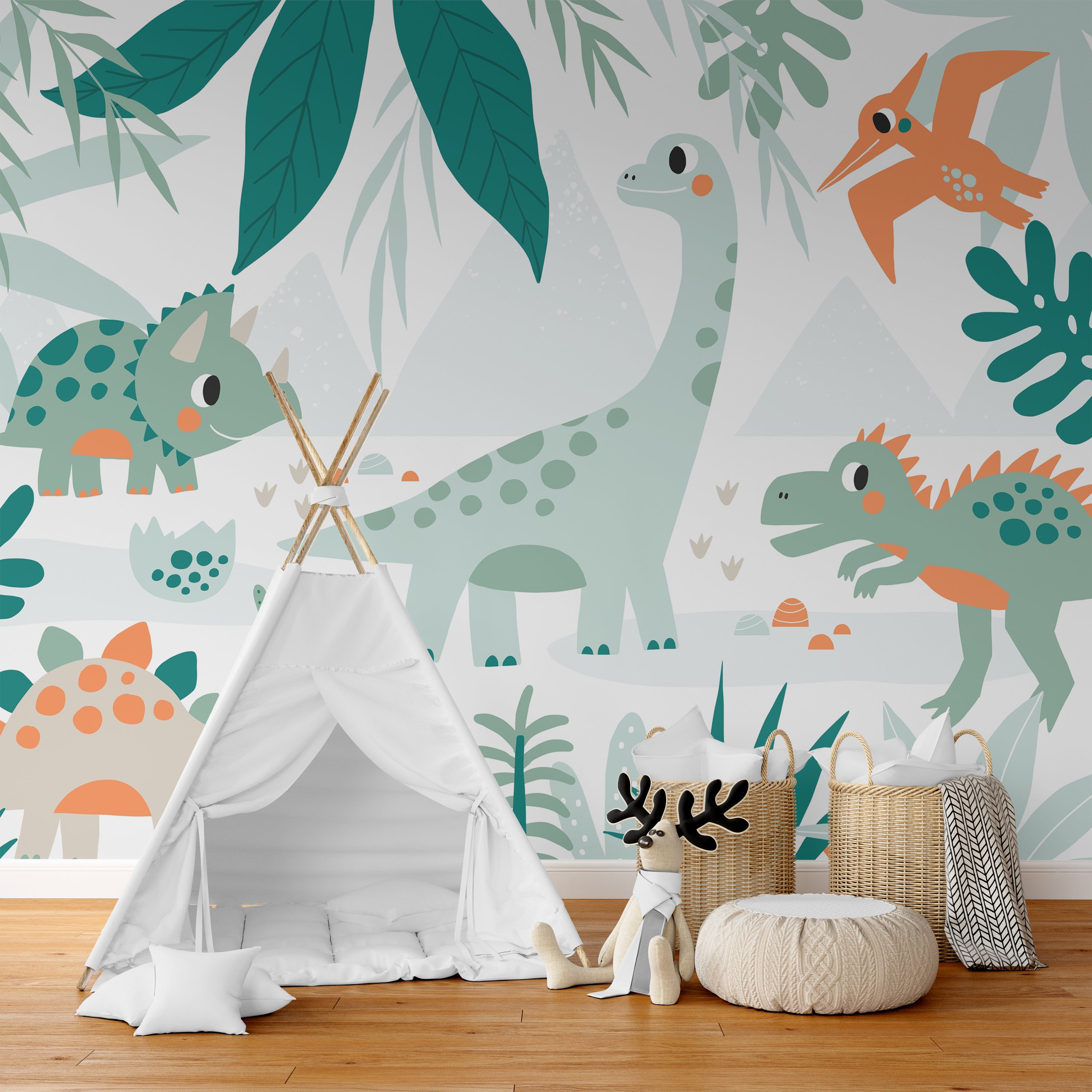 Wallpaper Kids Nursery Dubai Peps Wall A children's room with dinosaur wallpaper featuring various cartoon dinosaurs among green foliage. There is a white play tent, a basket, and a black and white decorative piece in the foreground.