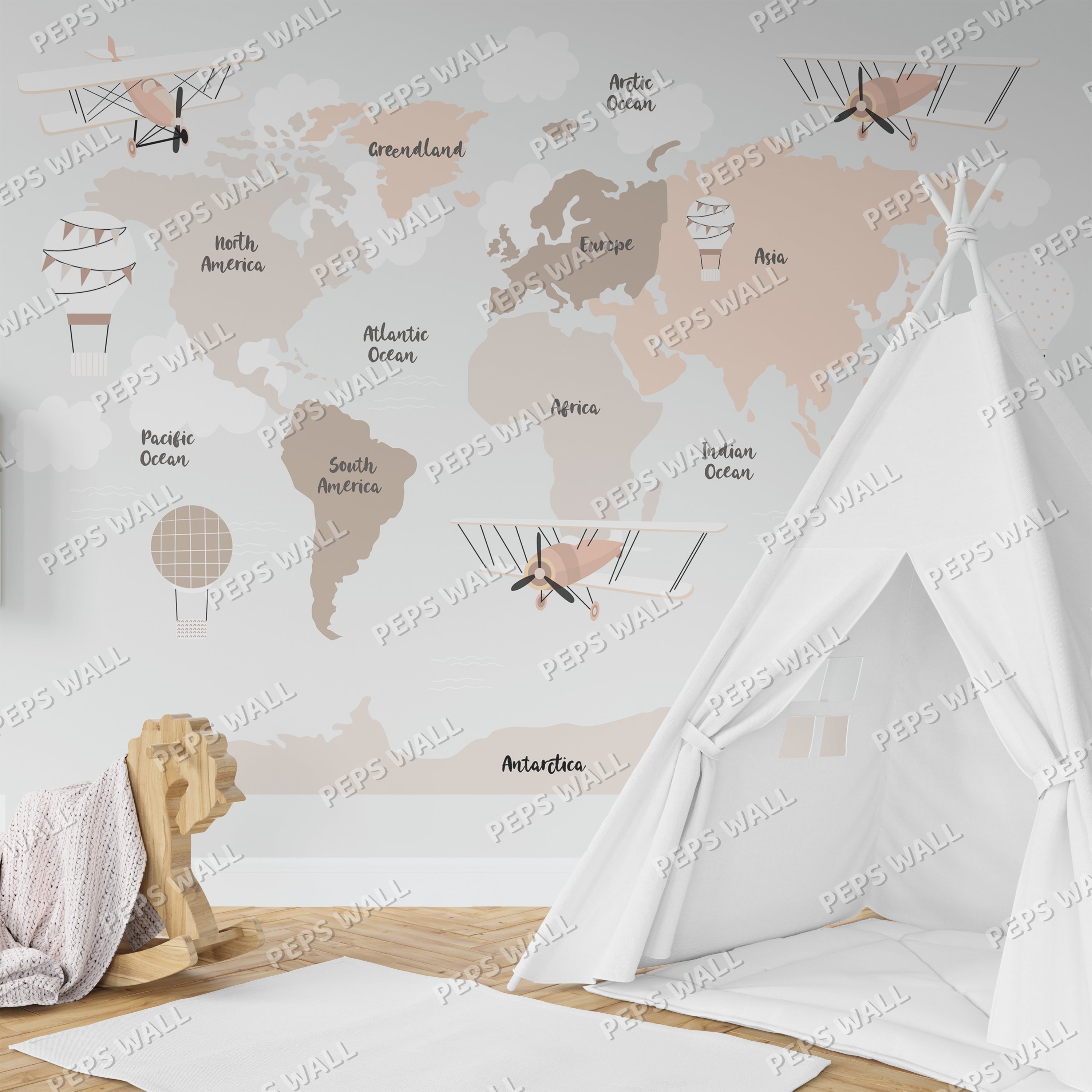 Wallpaper Kids Nursery Dubai Peps Wall A wall mural featuring a world map with various sections highlighted in beige, with decorative elements like a airplane and cloud illustrations. The room setting includes a white tent and a pink rug.