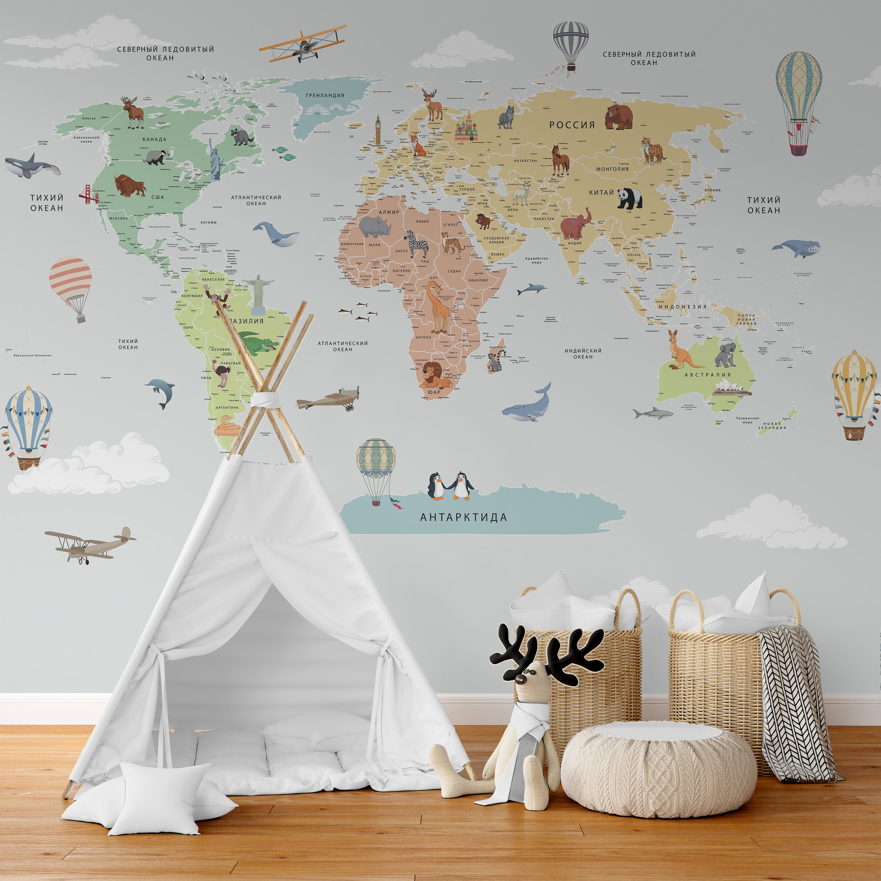 Wallpaper Kids Nursery Dubai Peps Wall A wall mural featuring a colorful world map with various illustrations such as animals and balloons, designed for children's room decor.
