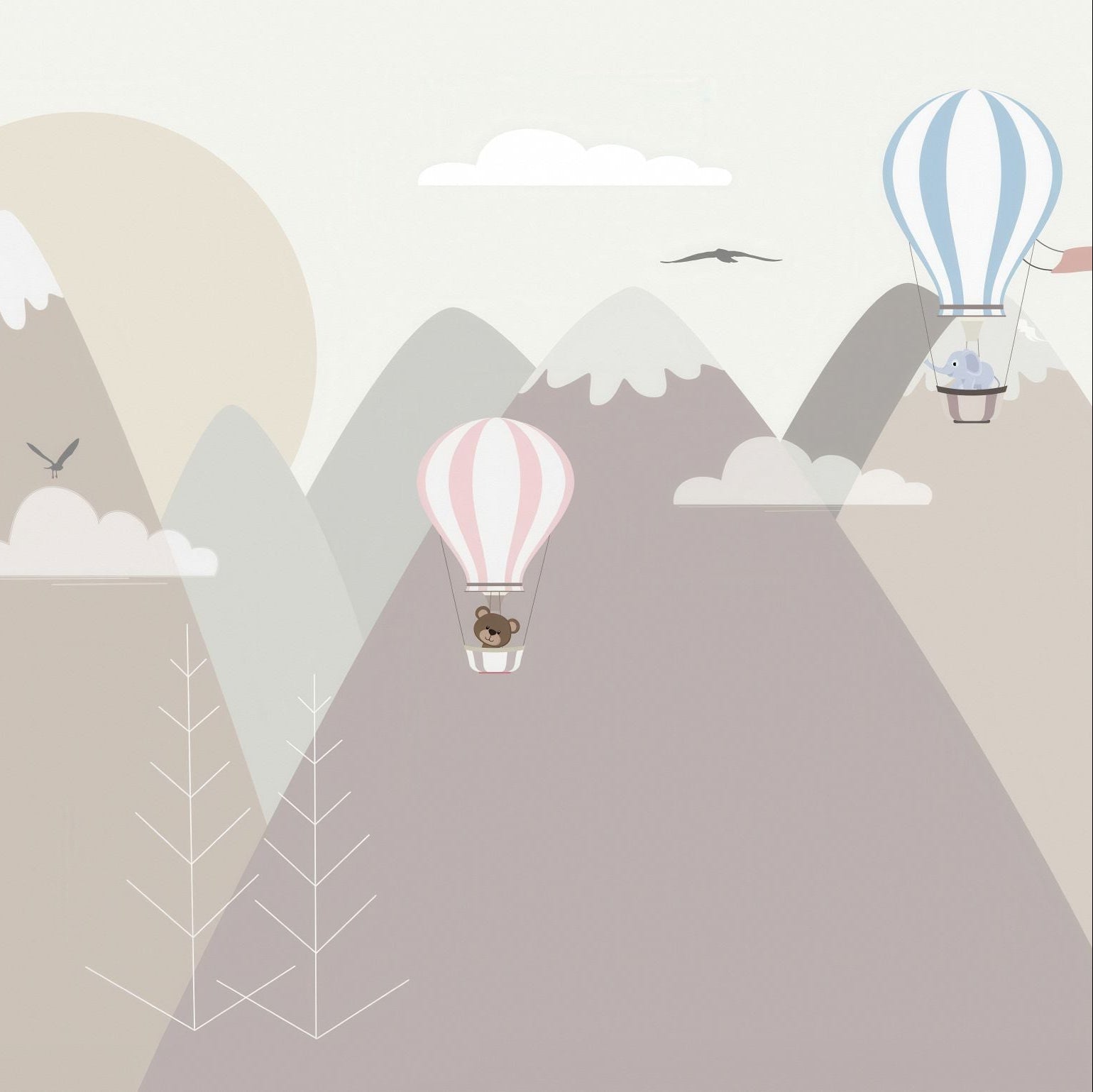 Wallpaper Kids Nursery Dubai Peps Wall A stylized illustration of hot air balloons over a mountain range with a pastel color palette.