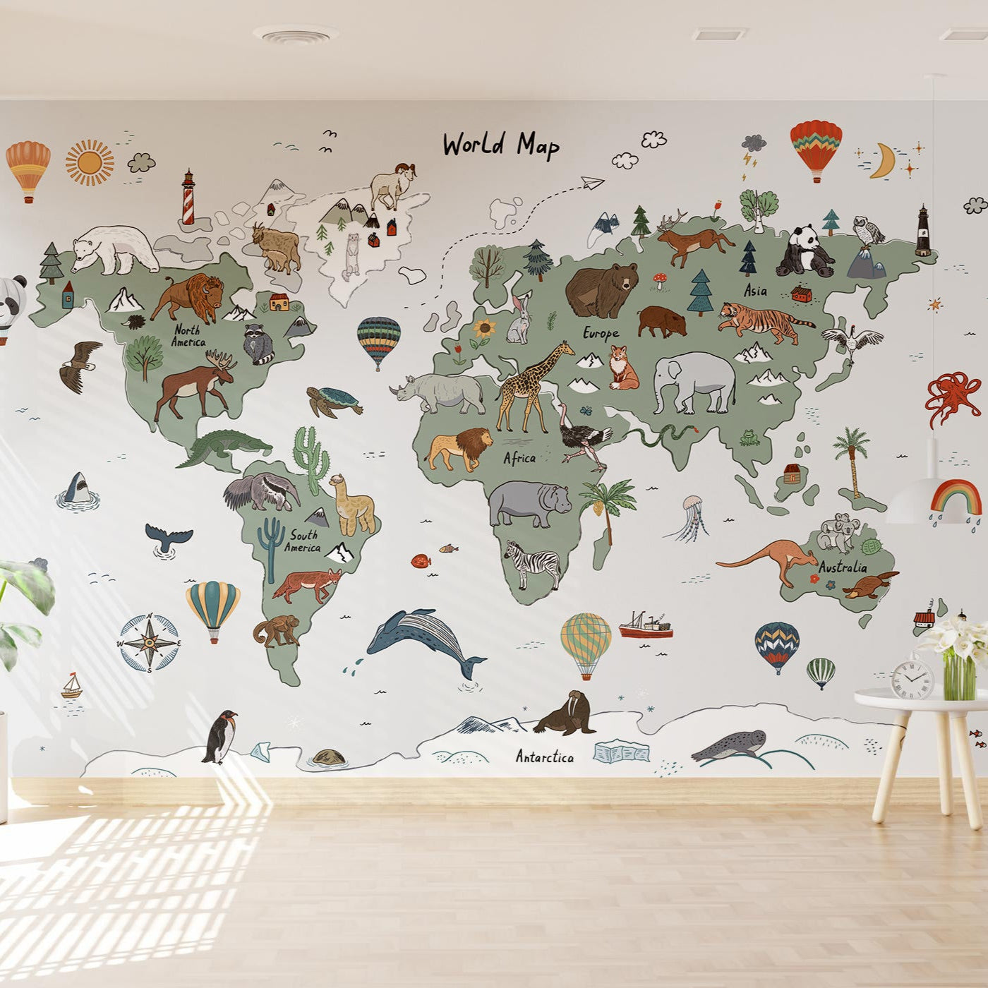 Wallpaper Kids Nursery Dubai Peps Wall A wall mural featuring a world map with various animals and geometric designs in grey and green colors.