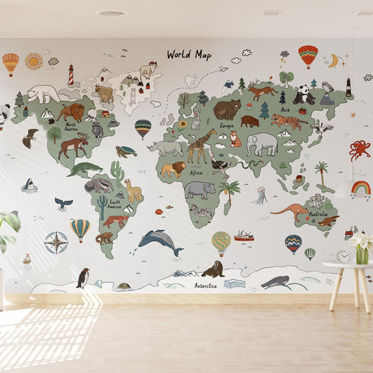 Wallpaper Kids Nursery Dubai Peps Wall A wall mural featuring a world map with various animals and geometric designs in grey and green colors.