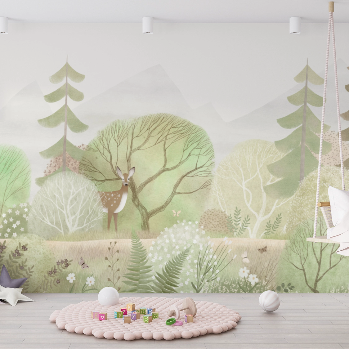 Wallpaper Kids Nursery Dubai Peps Wall A wall mural featuring a green forest with trees and a deer, displayed in a room setting with children's toys on the floor.