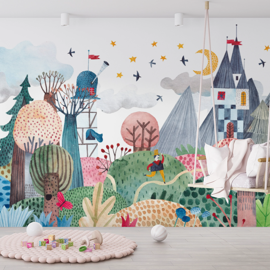 Wallpaper Kids Nursery Dubai Peps Wall A colorful wall mural featuring a fantasy theme with castles, trees, and birds.