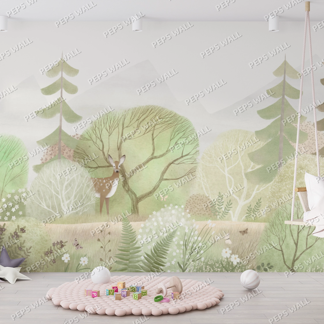 Wallpaper Kids Nursery Dubai Peps Wall A wall mural featuring a green forest with trees and a deer, displayed in a room setting with children's toys on the floor.