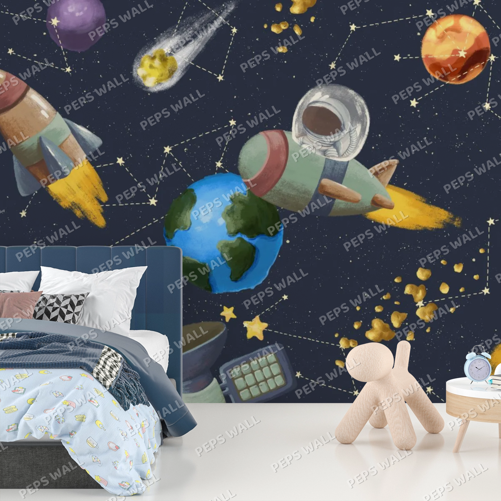 Wallpaper Kids Nursery Dubai Peps Wall A space-themed wall mural featuring an astronaut, rockets, planets, and stars applied to a wall in a room.