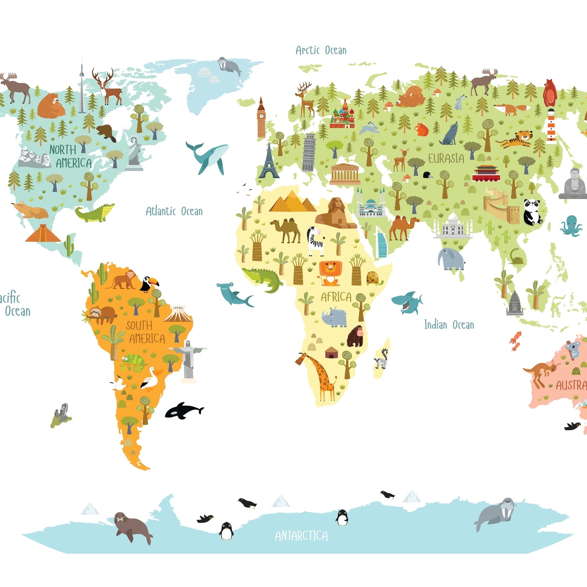 Wallpaper Kids Nursery Dubai Peps Wall A colorful wallpaper featuring a world map with whimsical watercolor animals.