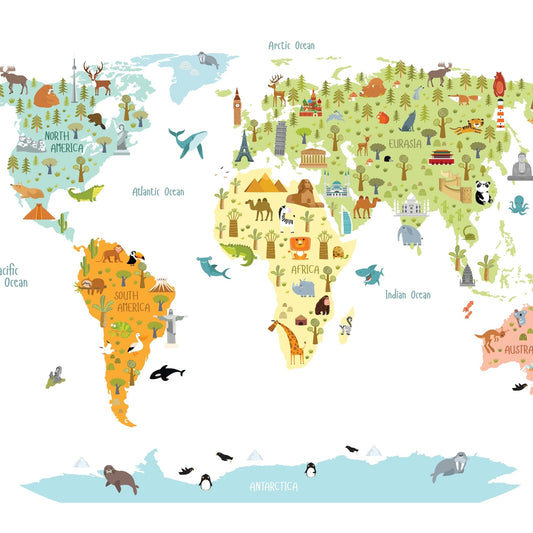 Wallpaper Kids Nursery Dubai Peps Wall A colorful wallpaper featuring a world map with whimsical watercolor animals.