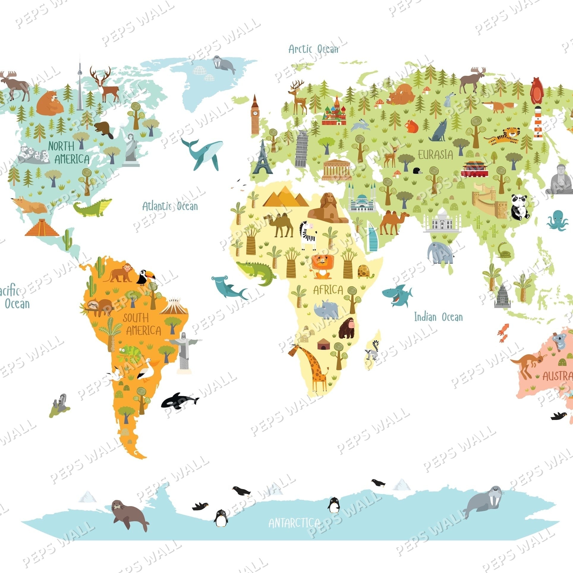 Wallpaper Kids Nursery Dubai Peps Wall A colorful wallpaper featuring a world map with whimsical watercolor animals.