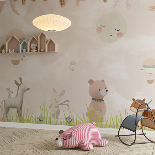 Wallpaper Kids Nursery Dubai Peps Wall A room with children's themed wall decals featuring watercolor animals such as deer, rabbits, and bears, with a pink bear plush toy on the floor in front of the decals.