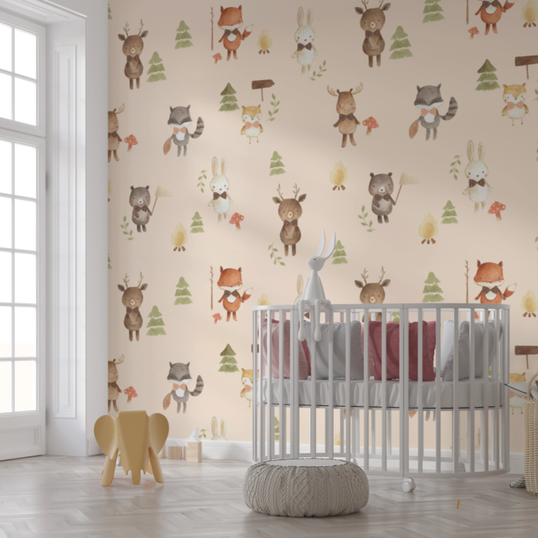 Wallpaper Kids Nursery Dubai Peps Wall A room with a wallpaper featuring cute forest animals, including rabbits, deer, and squirrels, in a natural woodland setting.