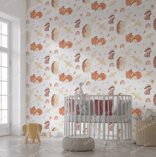 A room with animals-themed wallpaper featuring various cartoonish dinosaurs in shades of brown, beige, and white, with a crib and furniture in the room.