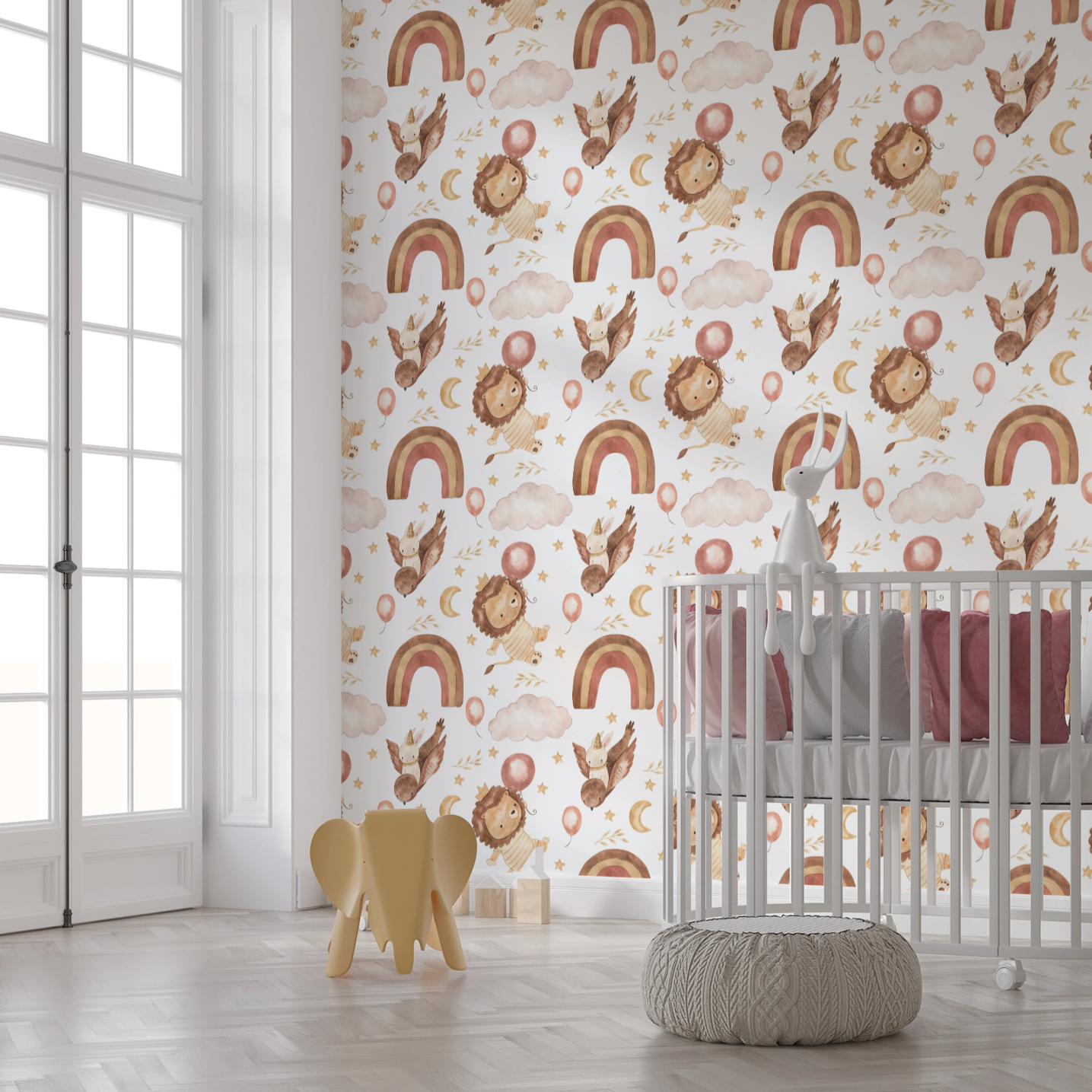Wallpaper Kids Nursery Dubai Peps Wall A room with dinosaur and rainbow themed wallpaper, featuring a crib and wooden furniture.