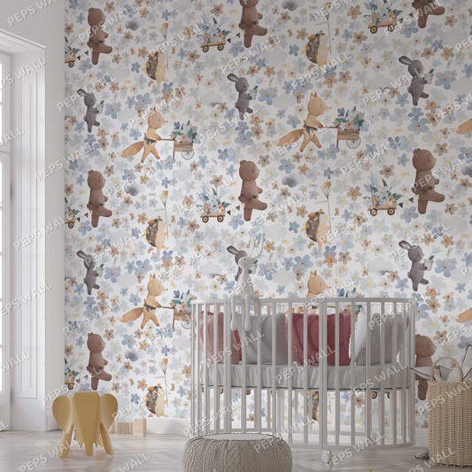 Wallpaper Kids Nursery Dubai Peps Wall A room with wallpaper featuring various cartoon animals, predominantly bears, in a colorful and playful pattern.