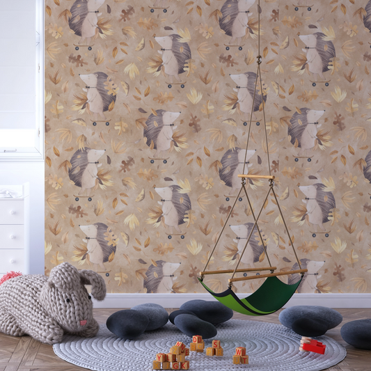 Wallpaper Kids Nursery Dubai Peps Wall A room with hedgehog-patterned wallpaper featuring a repeated pattern of hedgehogs in beige, brown, and gray colors, with a wooden hanging toy and a plush toy on the floor.