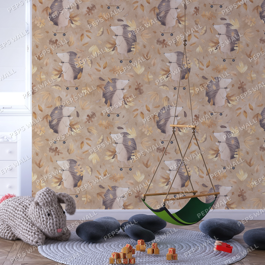 Wallpaper Kids Nursery Dubai Peps Wall A room with hedgehog-patterned wallpaper featuring a repeated pattern of hedgehogs in beige, brown, and gray colors, with a wooden hanging toy and a plush toy on the floor.