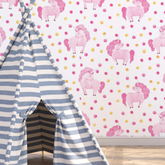 Wallpaper Kids Nursery Dubai Peps Wall A playhouse with a striped blue and white pattern featuring pink unicorns and polka dots on a pink background.