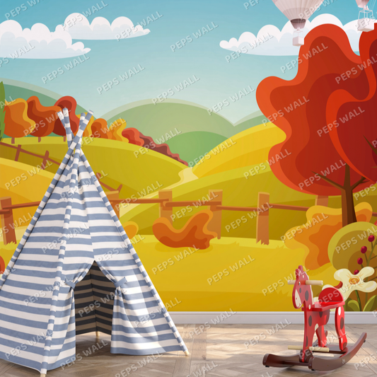 Wallpaper Kids Nursery Dubai Peps Wall A colorful wallpaper featuring a landscape with rolling hills, trees in autumn colors, a blue sky with clouds, and a white teepee tent. There is also a red rocking horse on the floor in front of the wallpaper.