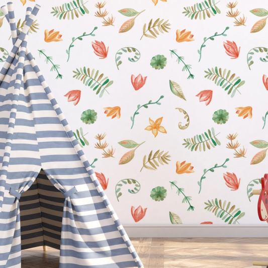 Wallpaper Kids Nursery Dubai Peps Wall A wallpaper with a floral pattern featuring various flowers and leaves in multiple colors, including green, orange, and red, displayed on a wall with a striped blue and white fabric structure.