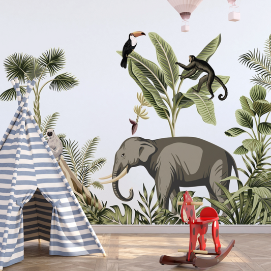 Wallpaper Kids Nursery Dubai Peps Wall A wall mural featuring a safari landscape with an elephant, monkeys, and tropical foliage.