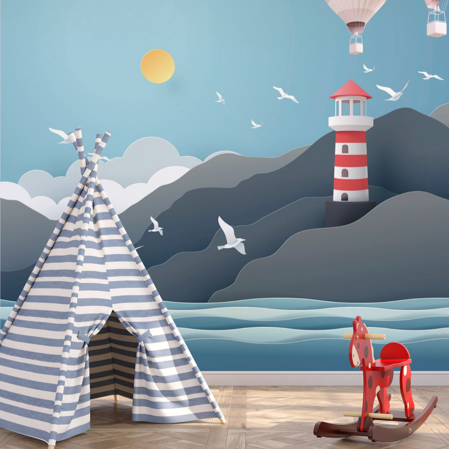 Wallpaper Kids Nursery Dubai Peps Wall A wallpaper featuring a sea view with a lighthouse, birds, and a teepee, alongside a hot air balloon and a chair in a room.