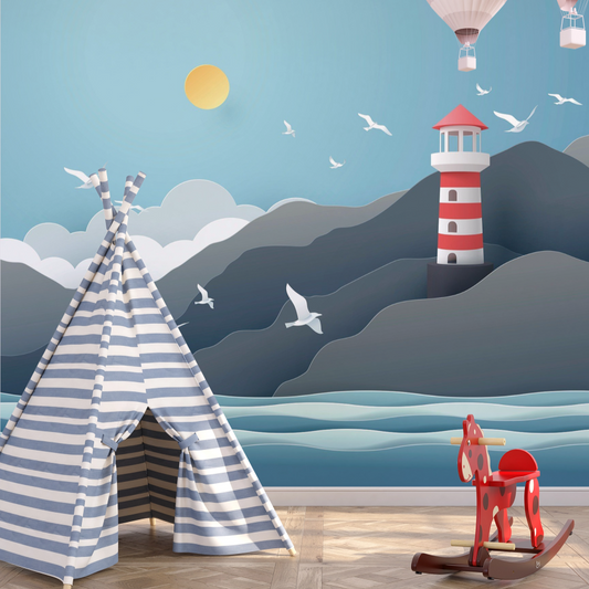 Wallpaper Kids Nursery Dubai Peps Wall A wallpaper featuring a sea view with a lighthouse, birds, and a teepee, alongside a hot air balloon and a chair in a room.