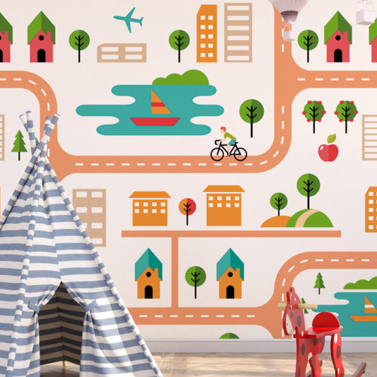 Wallpaper Kids Nursery Dubai Peps Wall A section of wallpaper with a colorful country road theme, featuring illustrations of a cabin, trees, a bicycle, an airplane, and a lake.
