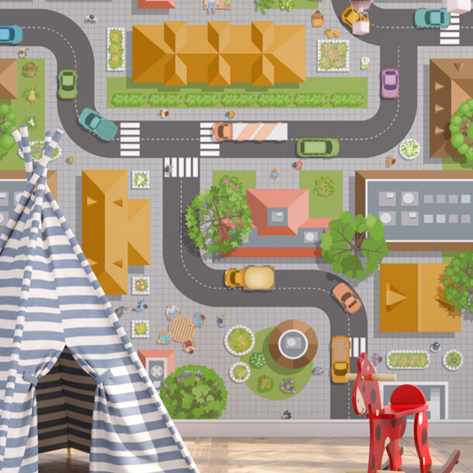 Wallpaper Kids Nursery Dubai Peps Wall A colorful map-like background featuring a striped teepee in the foreground, with various playful illustrations of cars, houses, and a chair in the background.