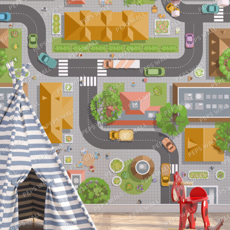 Wallpaper Kids Nursery Dubai Peps Wall A colorful map-like background featuring a striped teepee in the foreground, with various playful illustrations of cars, houses, and a chair in the background.