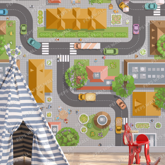 Wallpaper Kids Nursery Dubai Peps Wall A colorful map-like background featuring a striped teepee in the foreground, with various playful illustrations of cars, houses, and a chair in the background.