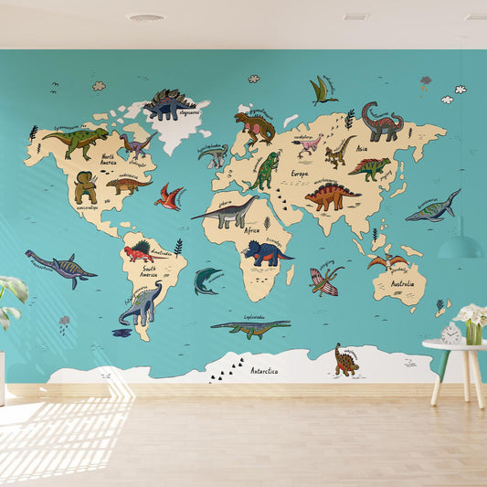Wallpaper Kids Nursery Dubai Peps Wall A wall mural featuring a world map with various dinosaurs and animals illustrated on and around it, with a blue background.