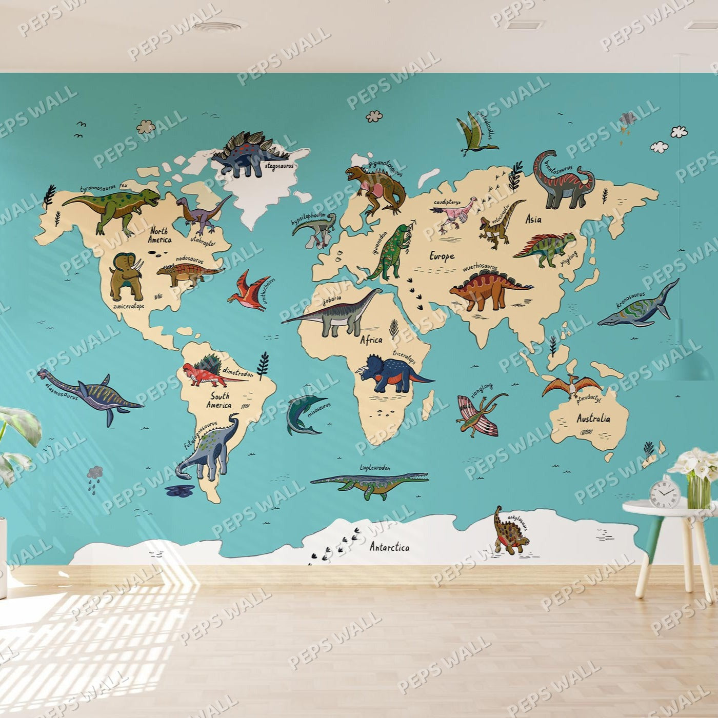 Wallpaper Kids Nursery Dubai Peps Wall A wall mural featuring a world map with various dinosaurs and animals illustrated on and around it, with a blue background.