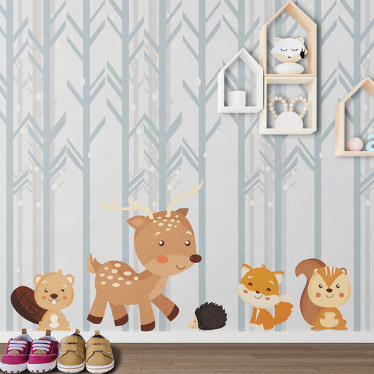 Wallpaper Kids Nursery Dubai Peps Wall A wall decal featuring a cartoon deer and small animals in a forest setting, with a striped background.
