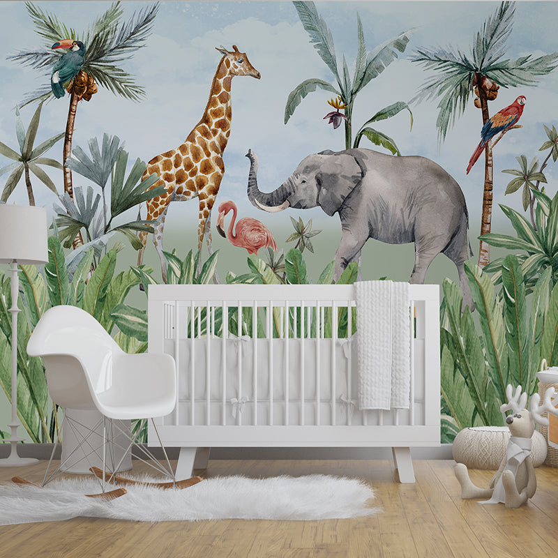Wallpaper Kids Nursery Dubai Peps Wall A wall mural featuring giraffes, elephants, and other safari animals with green foliage in the background, designed for a children's room.