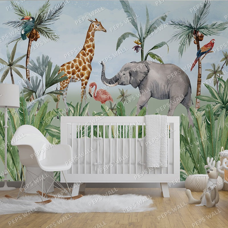 Wallpaper Kids Nursery Dubai Peps Wall A wall mural featuring giraffes, elephants, and other safari animals with green foliage in the background, designed for a children's room.