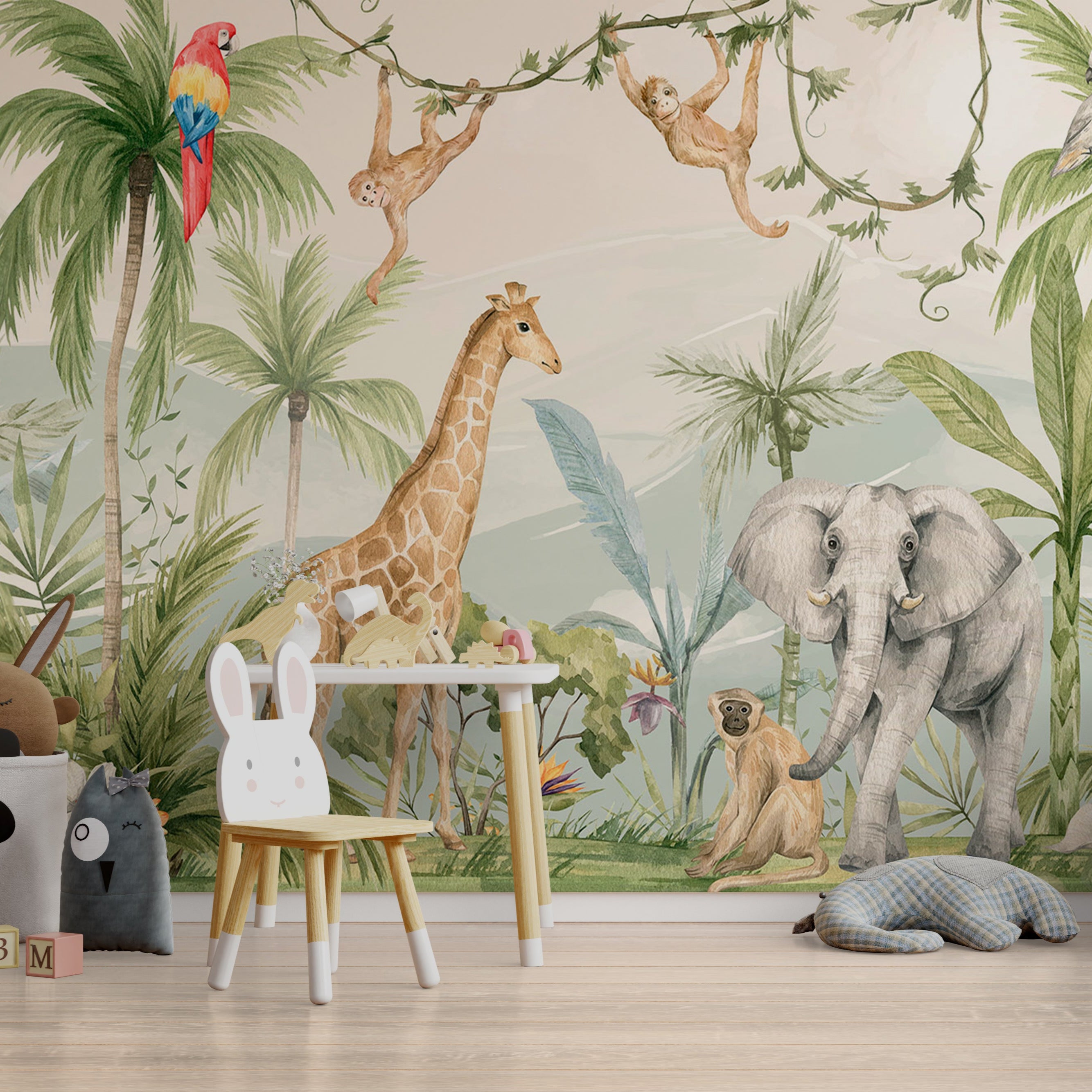 Wallpaper Kids Nursery Dubai Peps Wall A wallpaper featuring a safari theme with various animals such as giraffes, elephants, and monkeys in a tropical setting with palm trees.