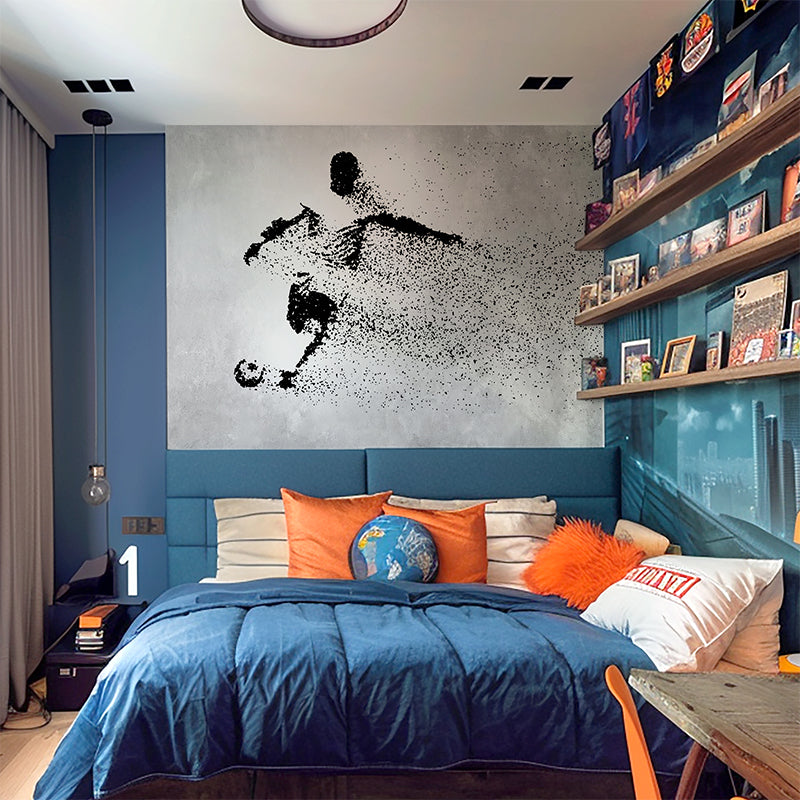 Wallpaper Kids Nursery Dubai Peps Wall A black and white image of a soccer player wall decal in a child's bedroom.