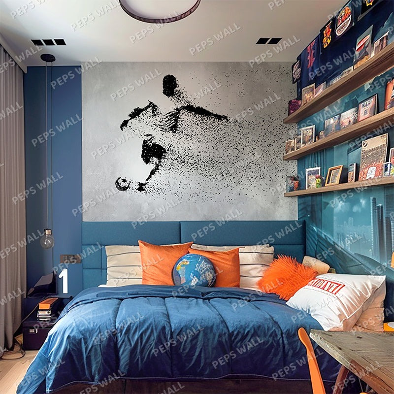 Wallpaper Kids Nursery Dubai Peps Wall A black and white image of a soccer player wall decal in a child's bedroom.