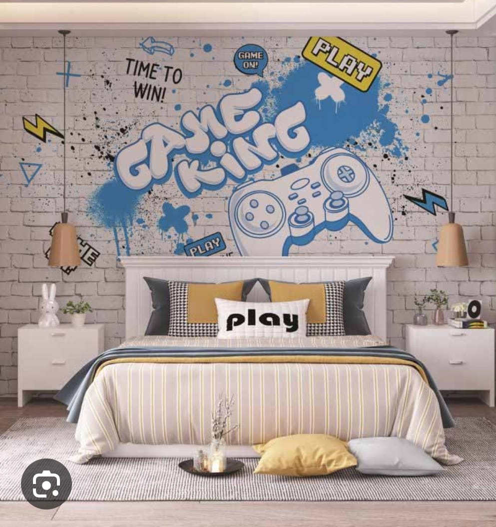 Wallpaper Kids Nursery Dubai Peps Wall A wall mural in a bedroom featuring gaming themes with the phrase 'GAMES KING' and various gaming icons, designed in a colorful artistic style.