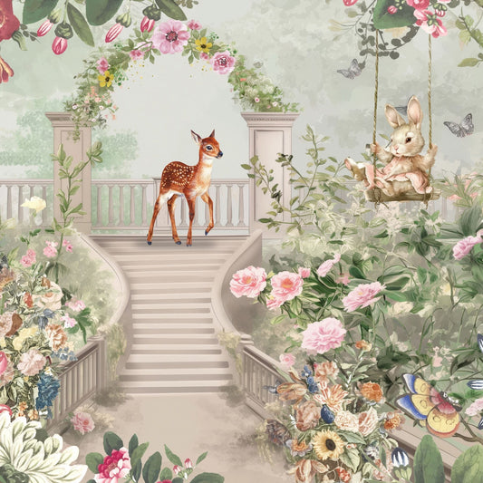 Wallpaper Kids Nursery Dubai Peps Wall An illustrated image featuring a fawn and a rabbit in a floral setting with a staircase and a round window.